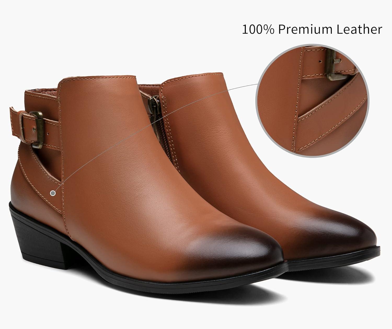 imageVepose Womens Short Ankle Boots Low Heel Western Cutout Perforated BootiesLeather Western911lyellow Brown