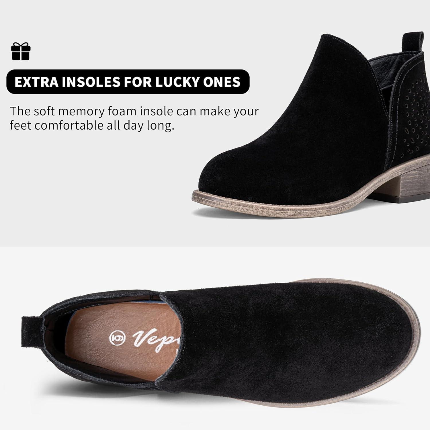 imageVepose Womens Short Ankle Boots Low Heel Western Cutout Perforated BootiesSuede Leather912lblack Suede