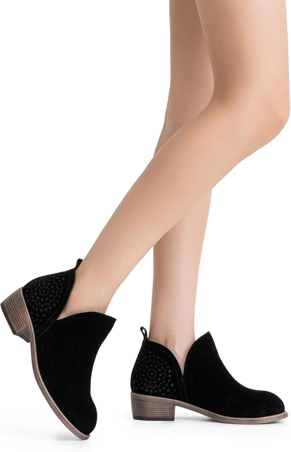 imageVepose Womens Short Ankle Boots Low Heel Western Cutout Perforated BootiesSuede Leather912lblack Suede