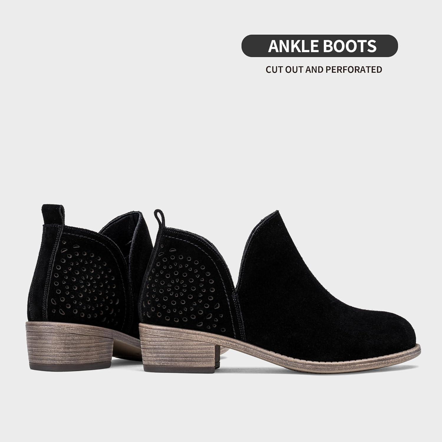imageVepose Womens Short Ankle Boots Low Heel Western Cutout Perforated BootiesSuede Leather912lblack Suede