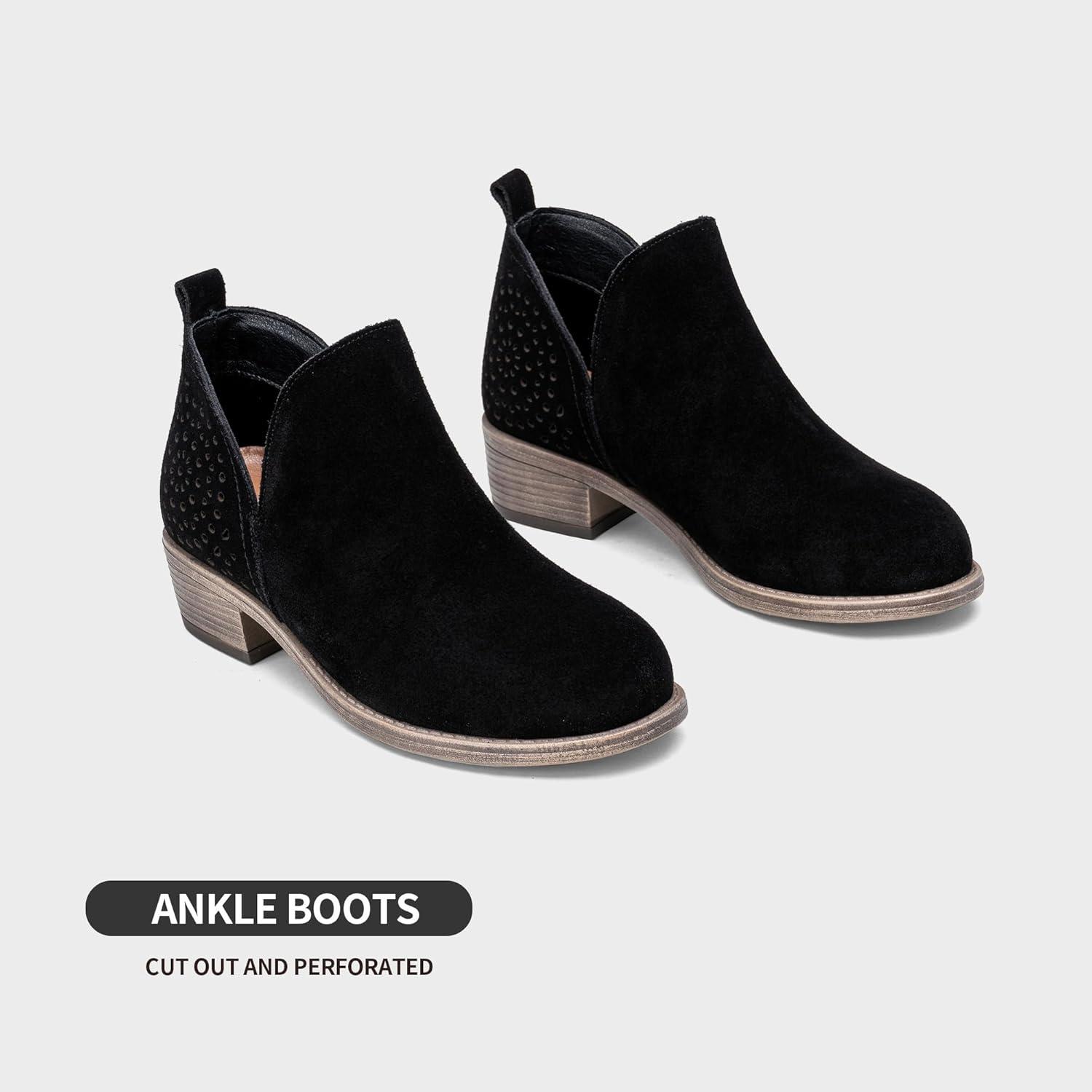 imageVepose Womens Short Ankle Boots Low Heel Western Cutout Perforated BootiesSuede Leather912lblack Suede