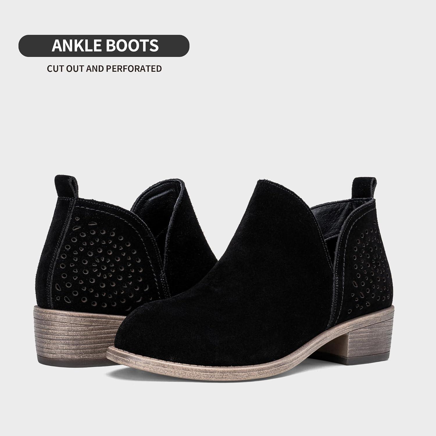 imageVepose Womens Short Ankle Boots Low Heel Western Cutout Perforated BootiesSuede Leather912lblack Suede
