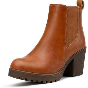 imageVepose Womens Ankle Chunky Heeled Boots Platform Chelsea Retro Short 999 Booties with ZipperBrown