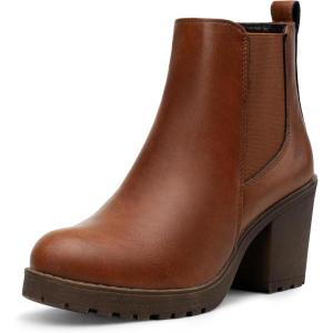 imageVepose Womens Ankle Chunky Heeled Boots Platform Chelsea Retro Short 999 Booties with ZipperCognac