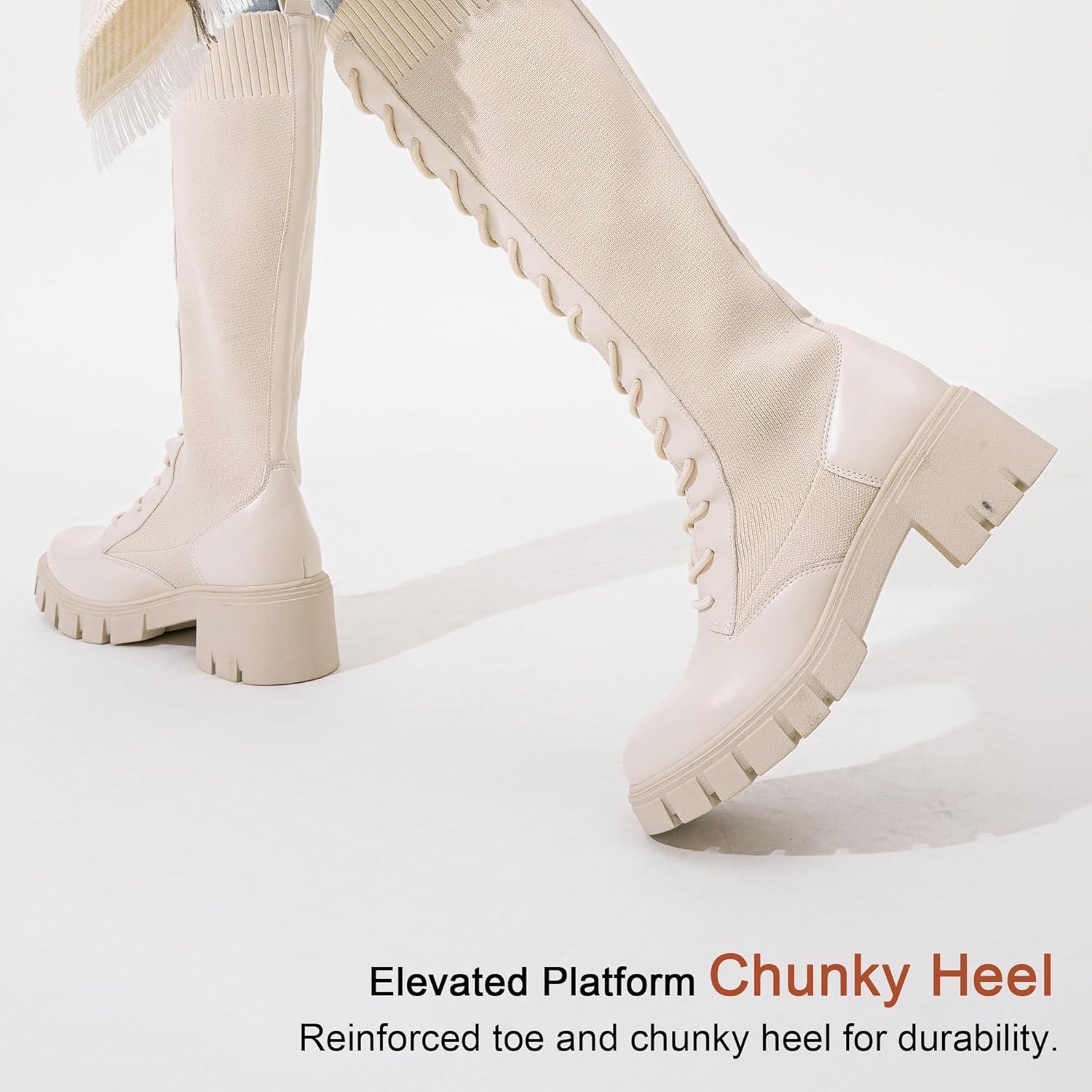 imageVepose Womens 953 Lace Platform Combat Knee High Boots with Comfort Chunky HeelBeige