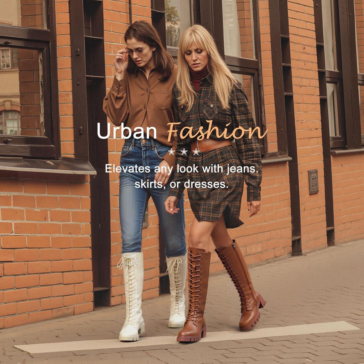 imageVepose Womens 953 Lace Platform Combat Knee High Boots with Comfort Chunky HeelBeige