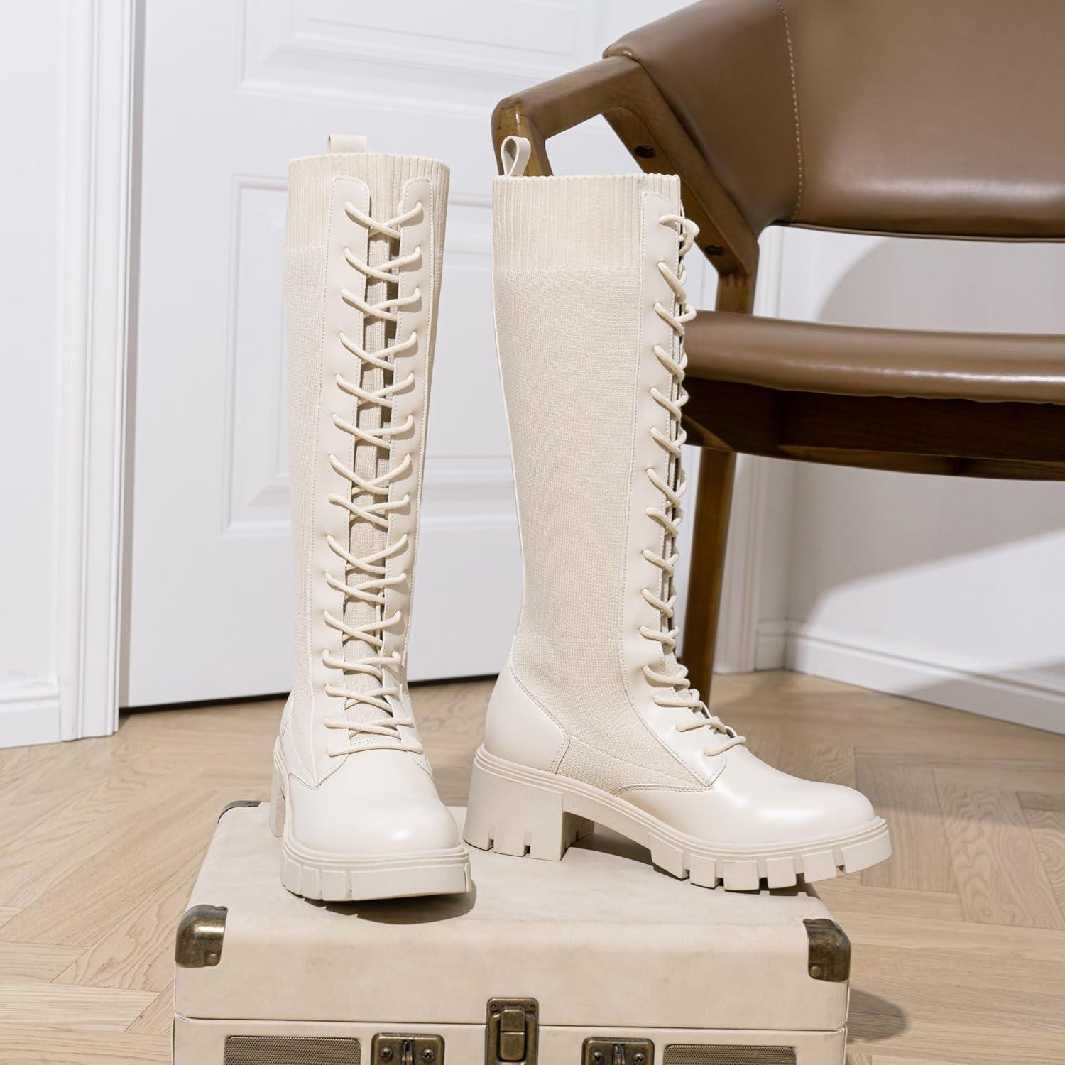 imageVepose Womens 953 Lace Platform Combat Knee High Boots with Comfort Chunky HeelBeige