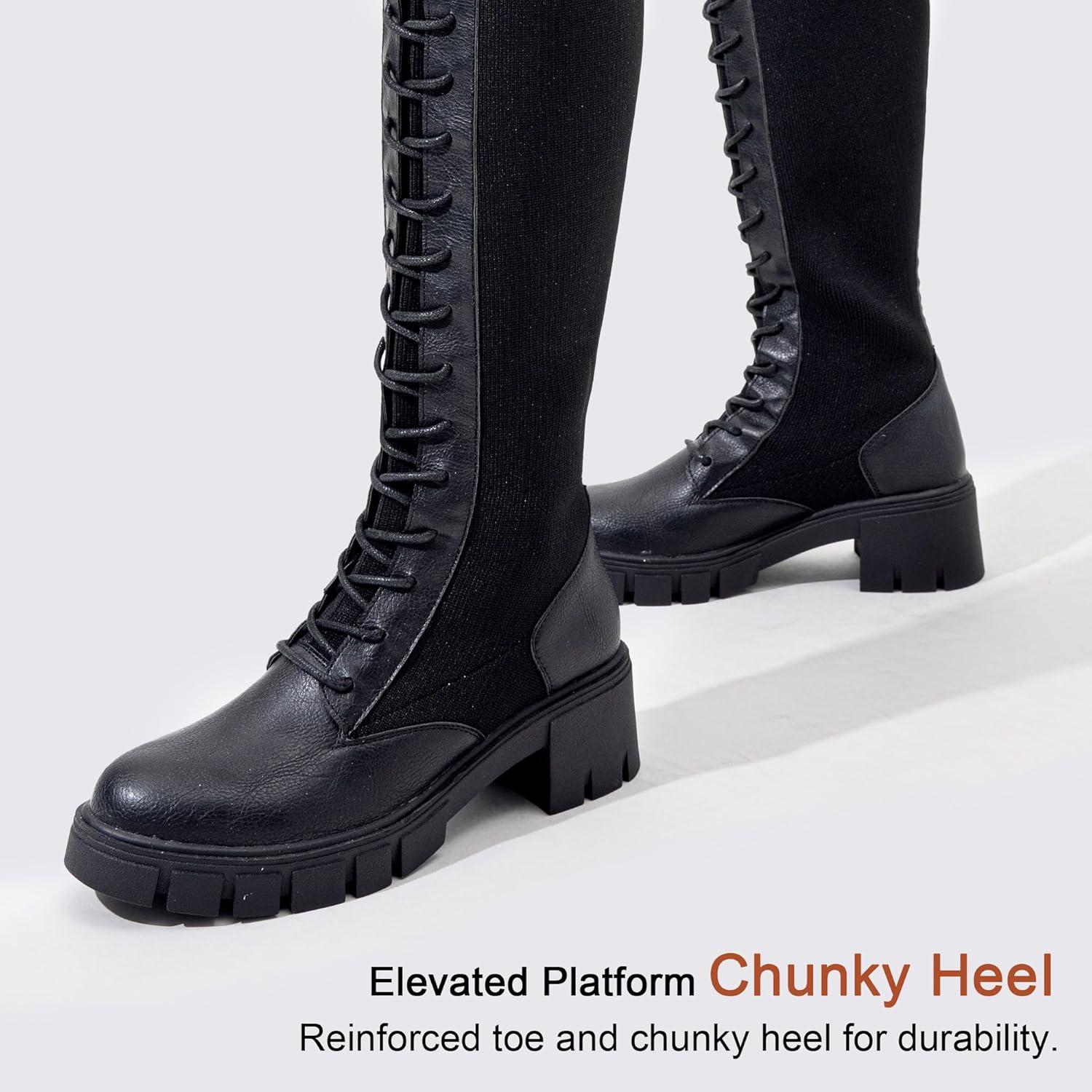 imageVepose Womens 953 Lace Platform Combat Knee High Boots with Comfort Chunky HeelBlack