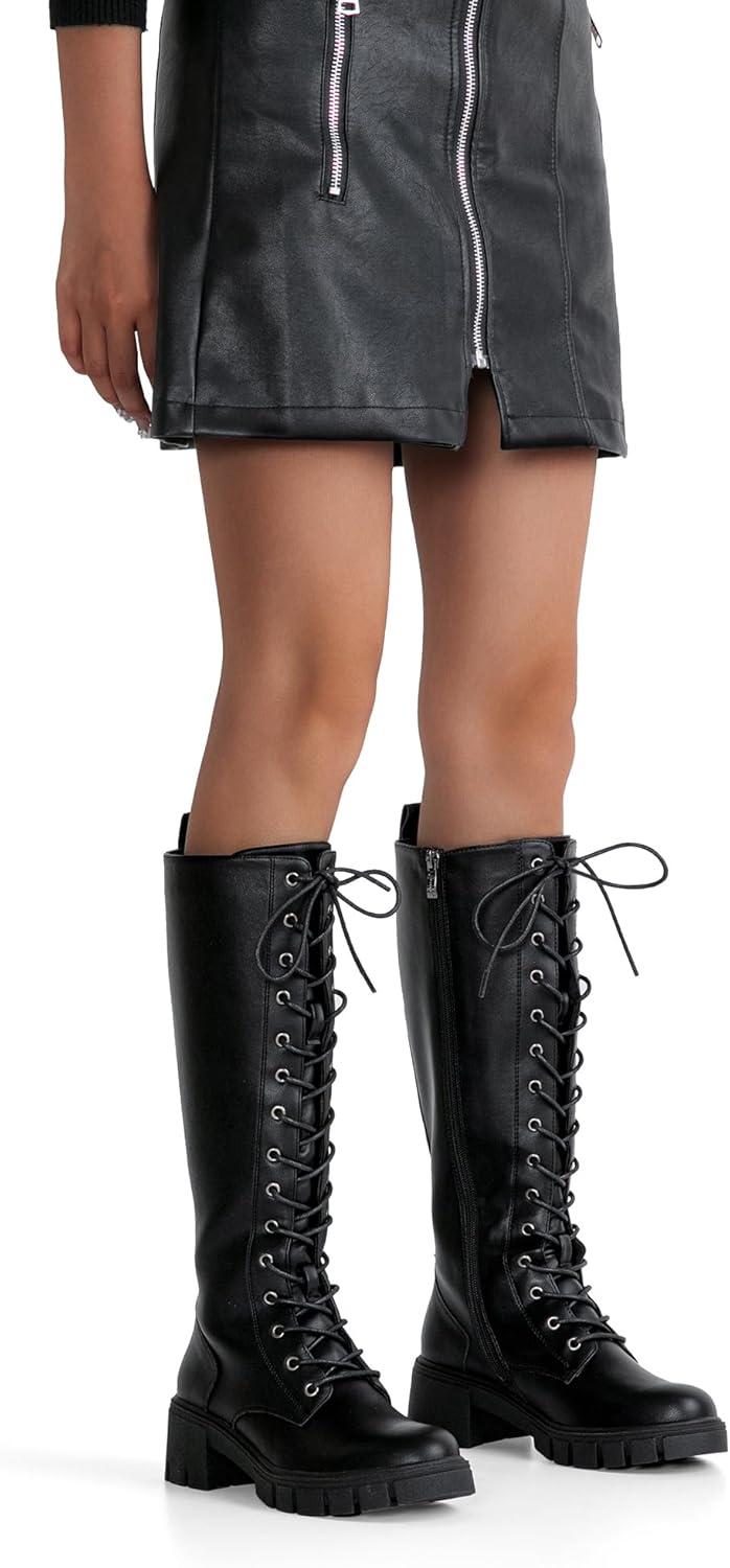 imageVepose Womens 953 Lace Platform Combat Knee High Boots with Comfort Chunky HeelBlack Pu