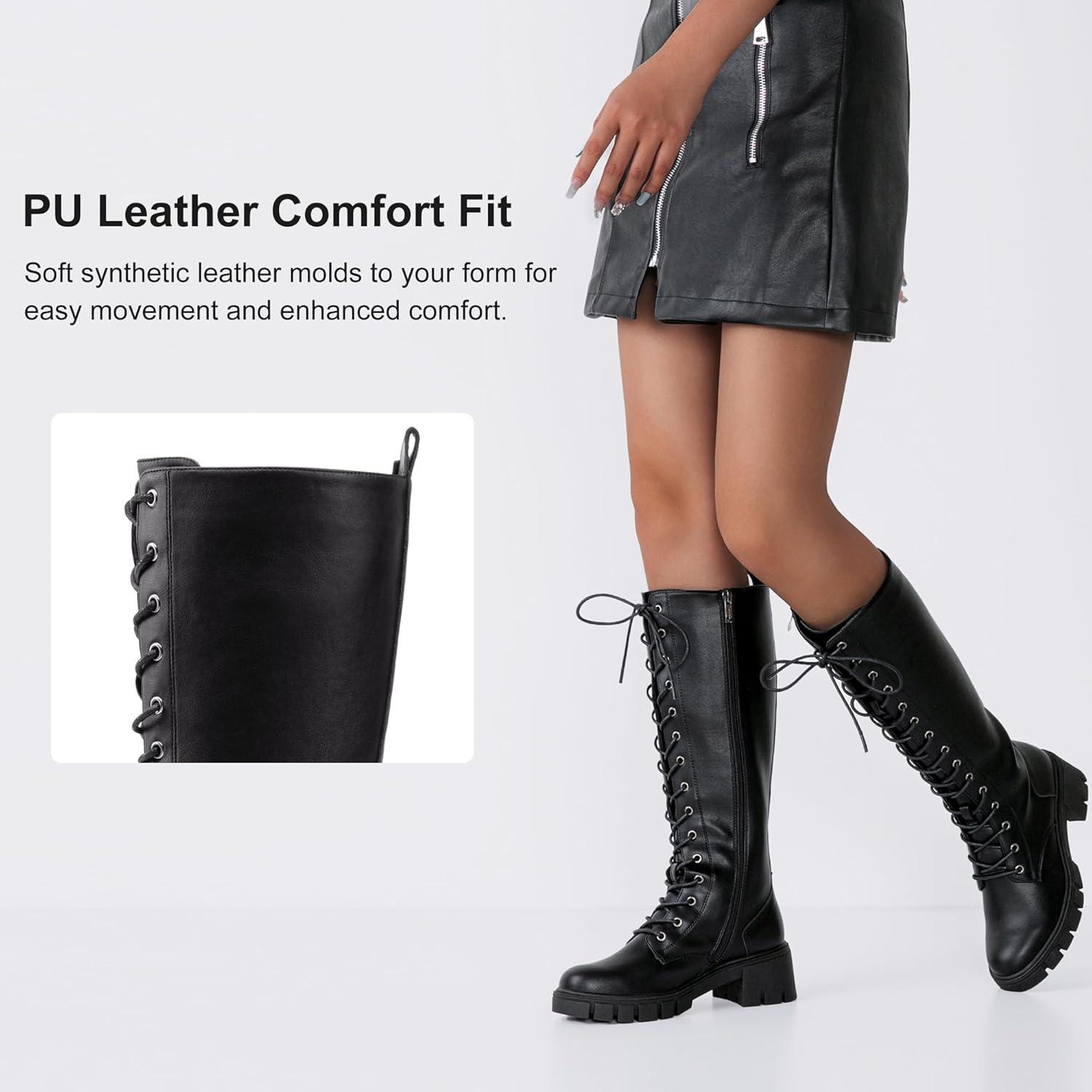 imageVepose Womens 953 Lace Platform Combat Knee High Boots with Comfort Chunky HeelBlack Pu