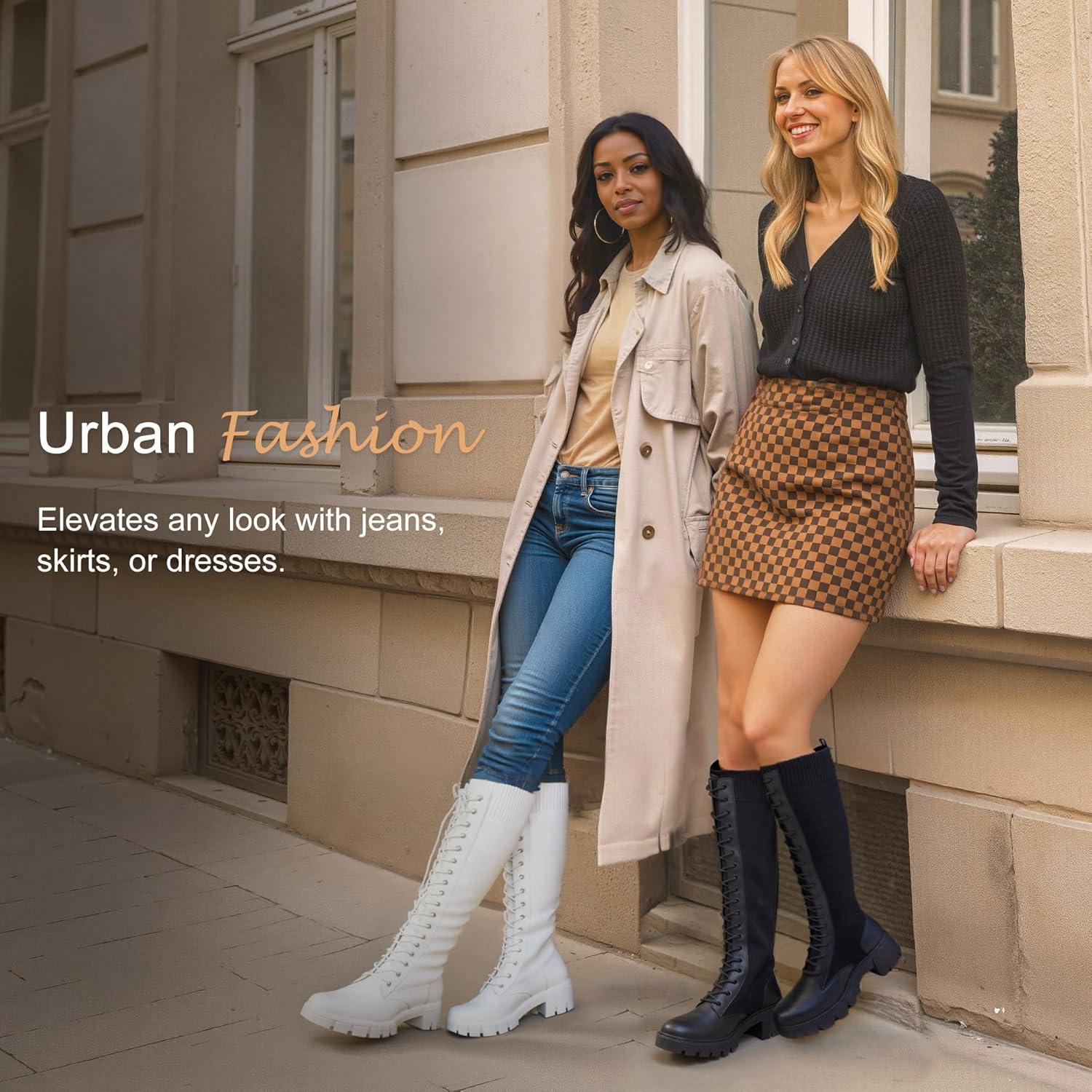 imageVepose Womens 953 Lace Platform Combat Knee High Boots with Comfort Chunky HeelBlack Pu