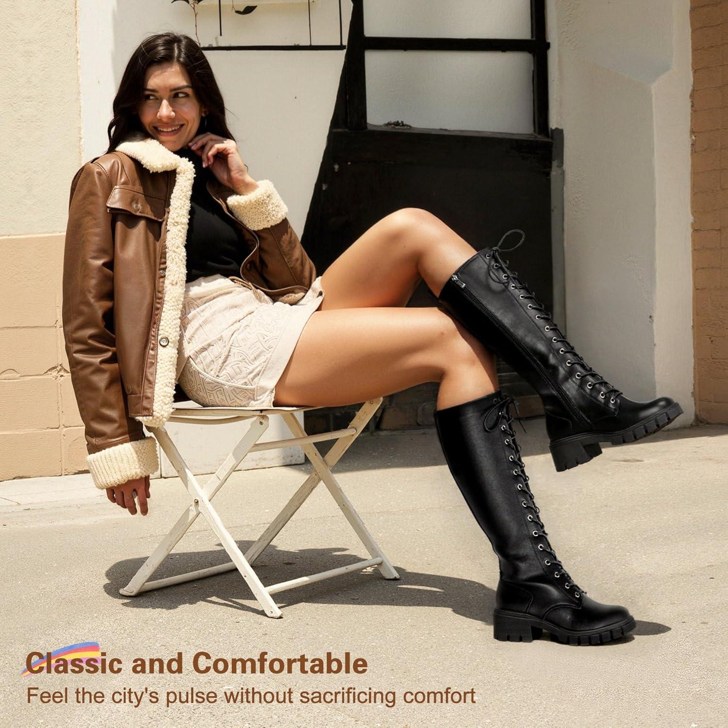 imageVepose Womens 953 Lace Platform Combat Knee High Boots with Comfort Chunky HeelBlack Pu