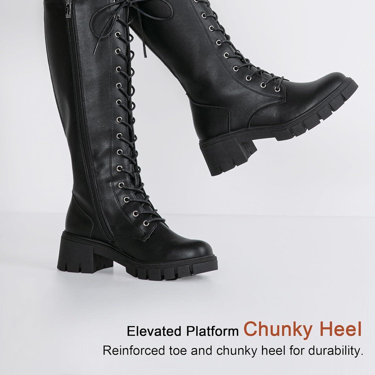 imageVepose Womens 953 Lace Platform Combat Knee High Boots with Comfort Chunky HeelBlack Pu