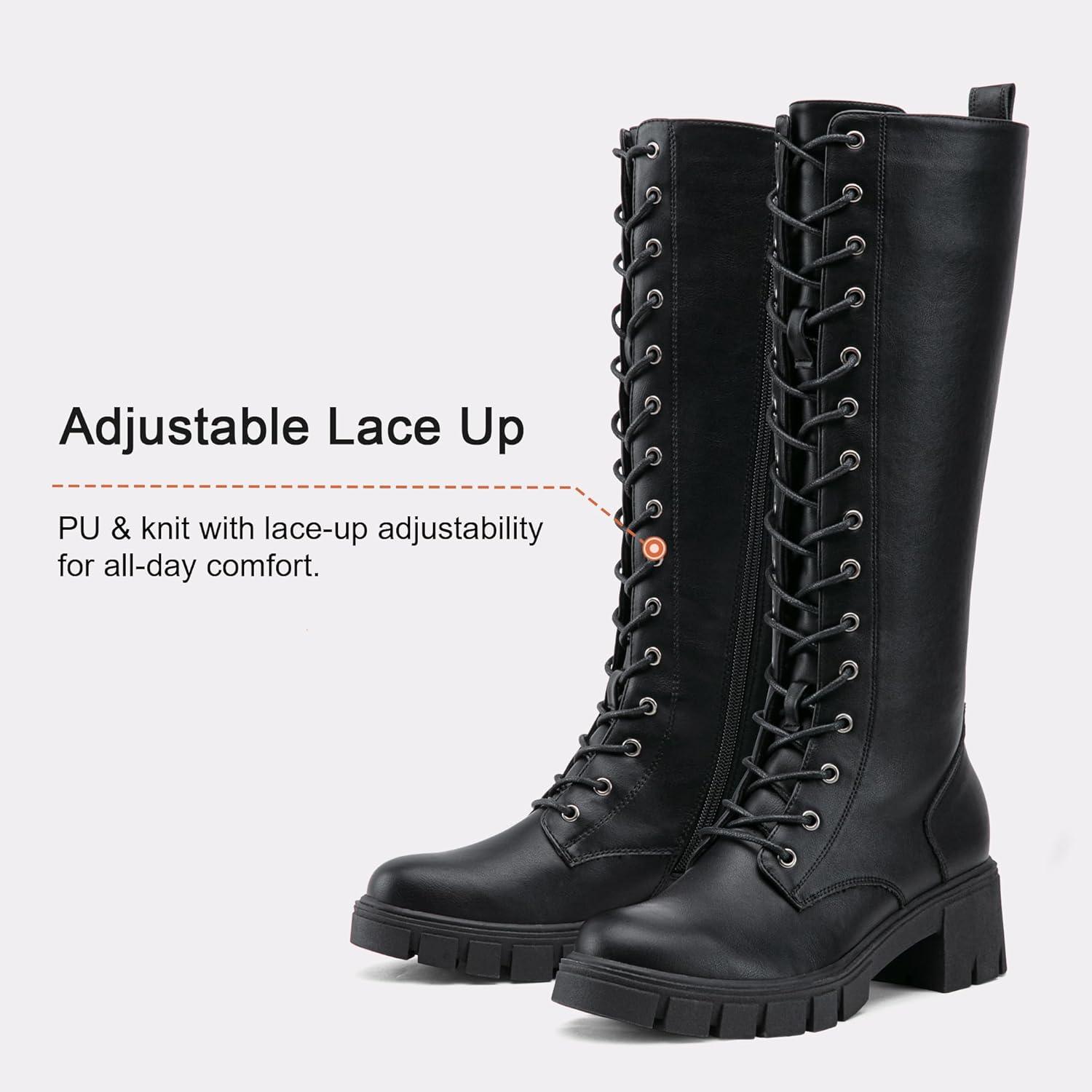 imageVepose Womens 953 Lace Platform Combat Knee High Boots with Comfort Chunky HeelBlack Pu