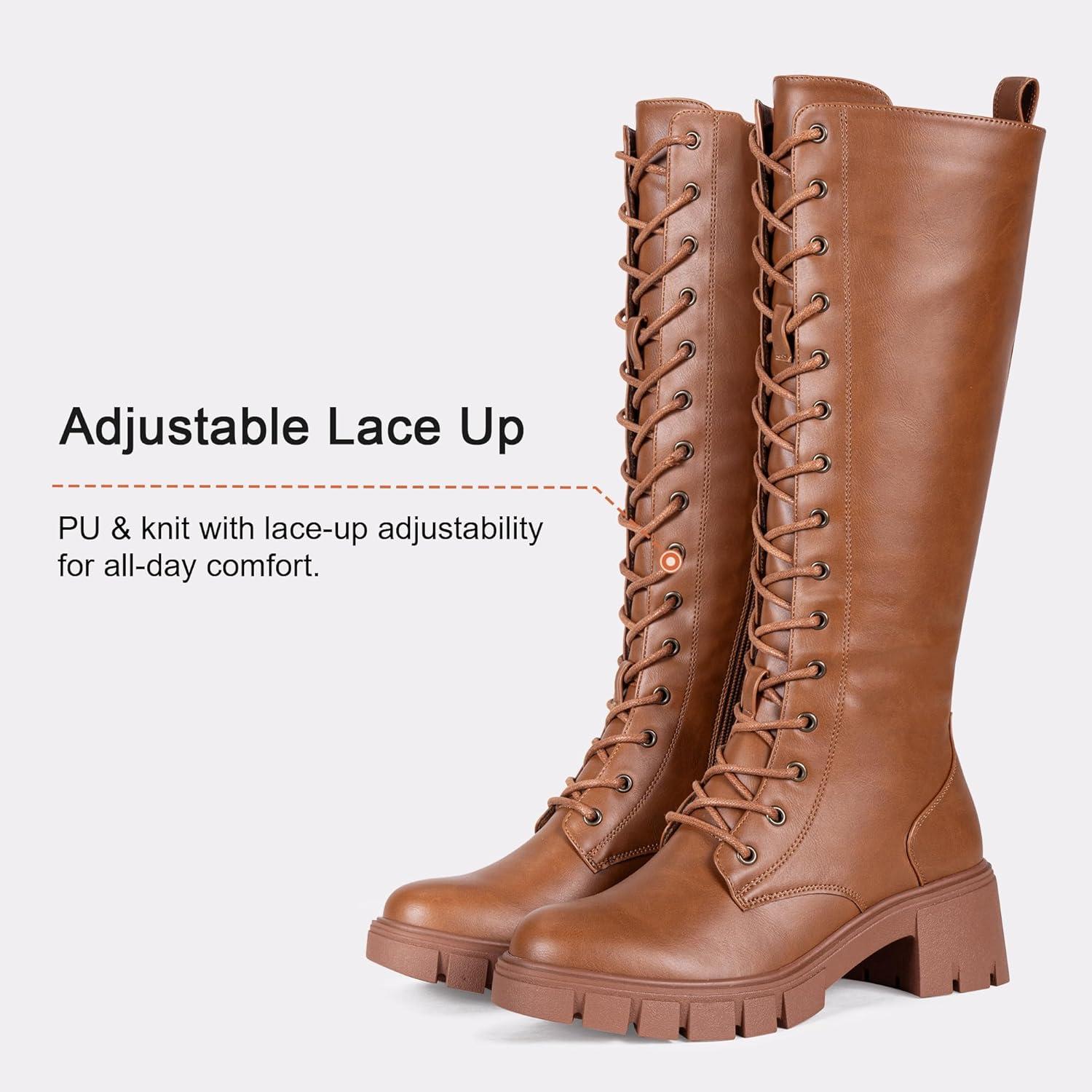 imageVepose Womens 953 Lace Platform Combat Knee High Boots with Comfort Chunky HeelBrown Pu