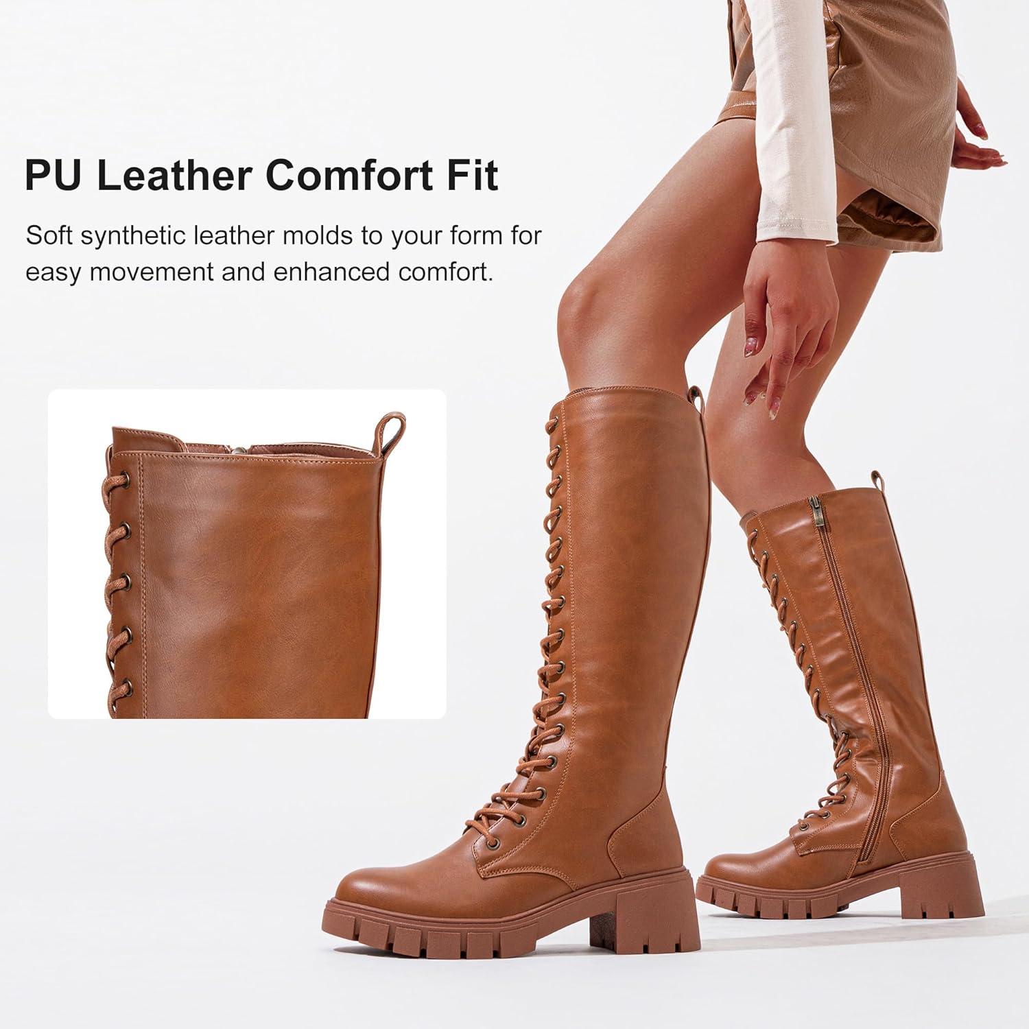 imageVepose Womens 953 Lace Platform Combat Knee High Boots with Comfort Chunky HeelBrown Pu