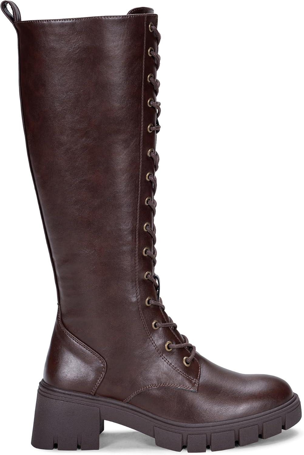 imageVepose Womens 953 Lace Platform Combat Knee High Boots with Comfort Chunky HeelWhisky