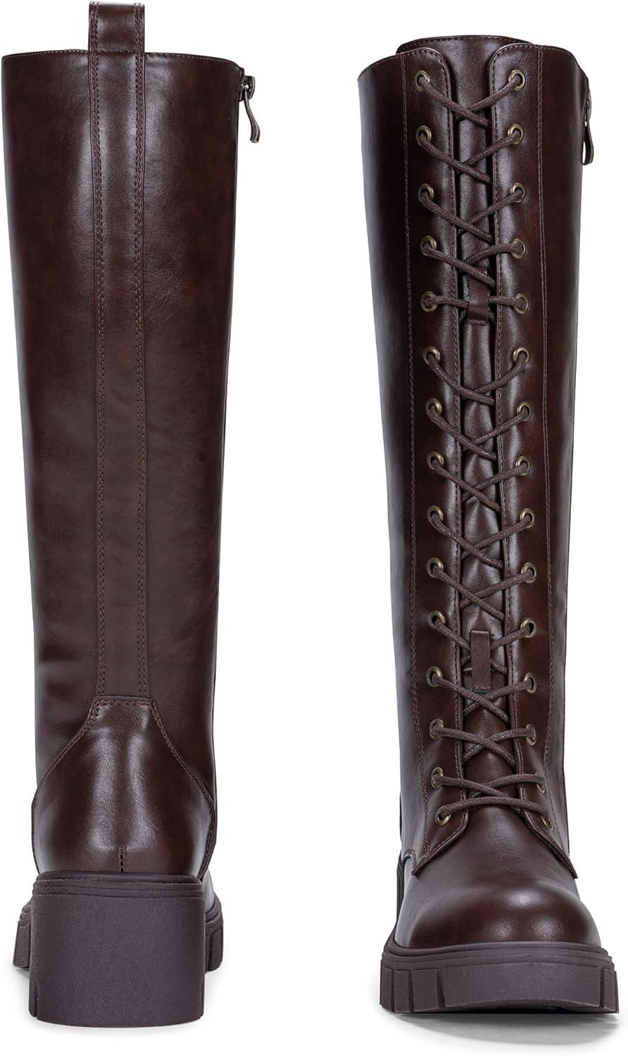 imageVepose Womens 953 Lace Platform Combat Knee High Boots with Comfort Chunky HeelWhisky