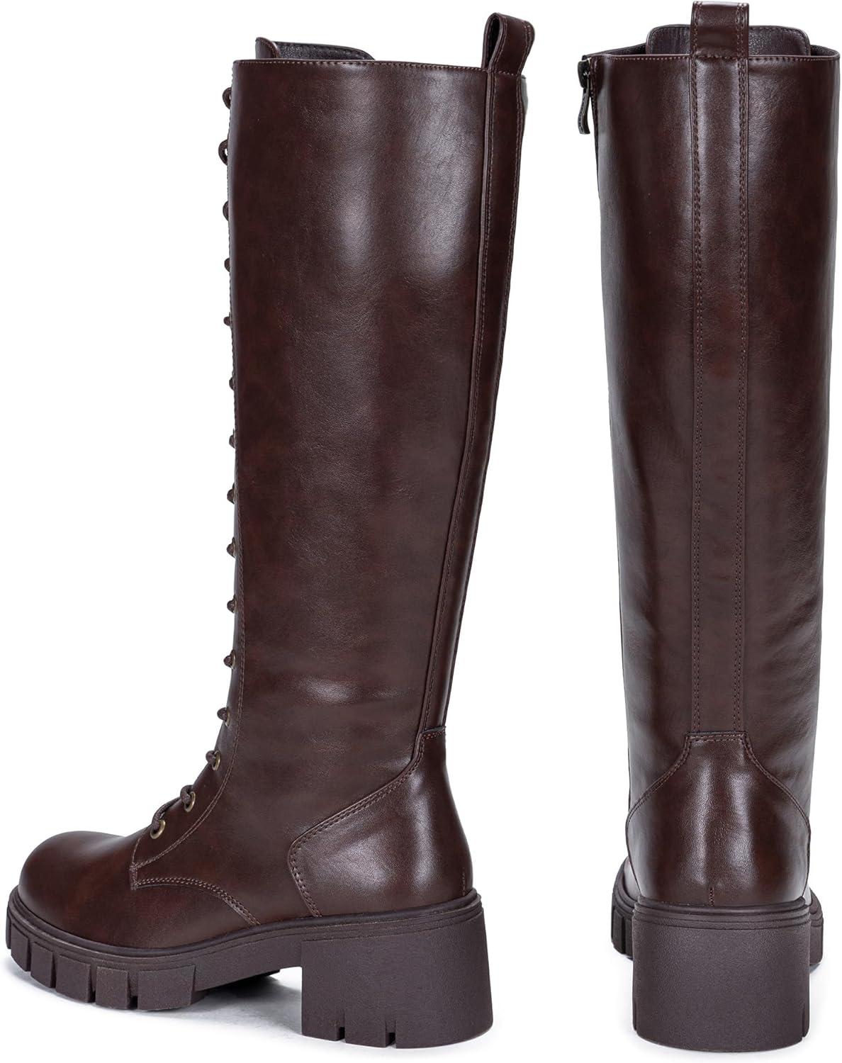 imageVepose Womens 953 Lace Platform Combat Knee High Boots with Comfort Chunky HeelWhisky