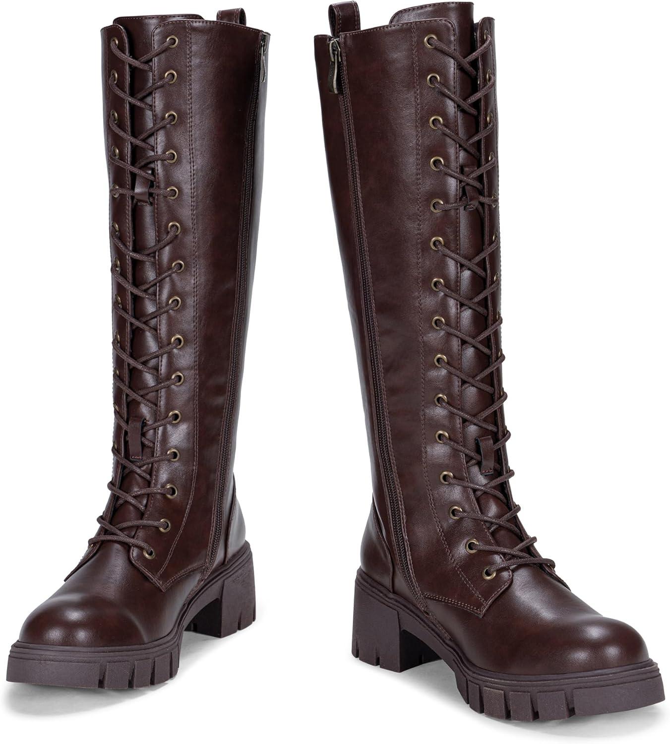 imageVepose Womens 953 Lace Platform Combat Knee High Boots with Comfort Chunky HeelWhisky