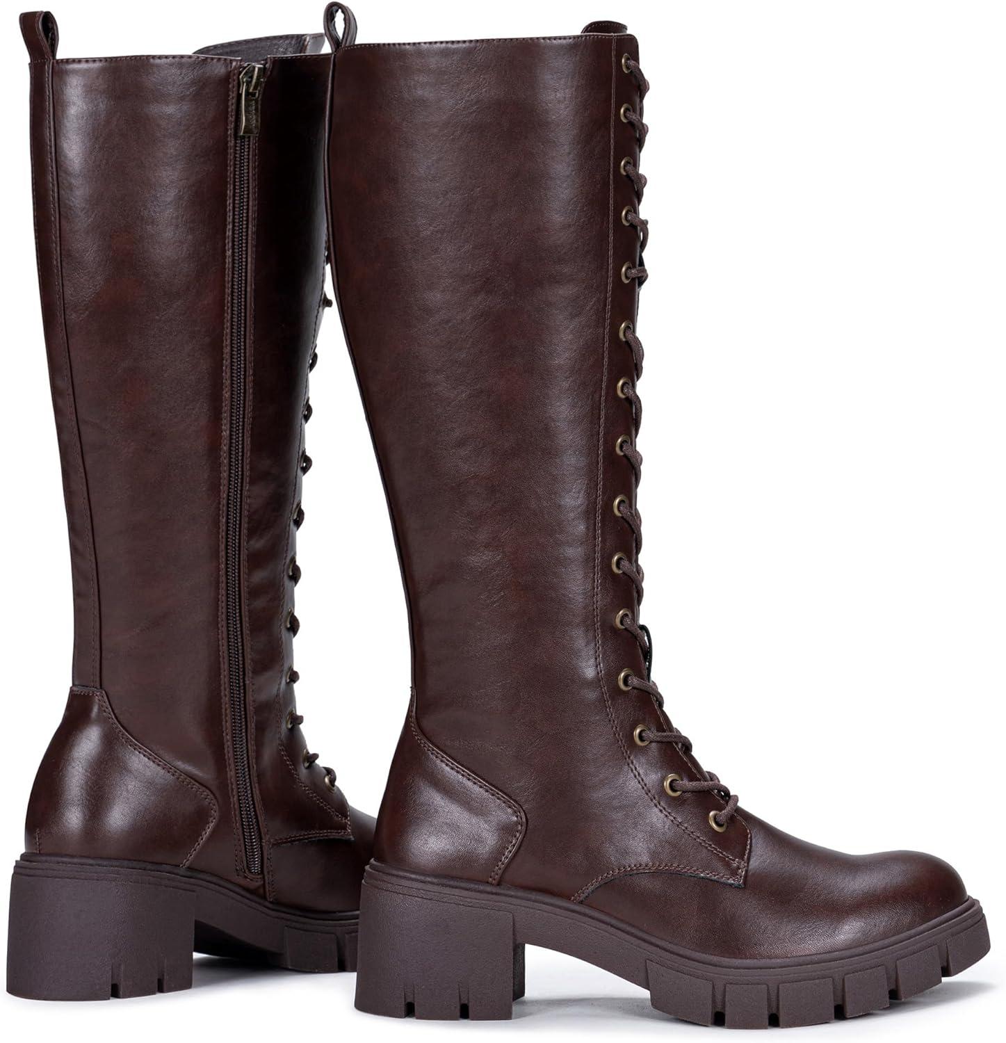 imageVepose Womens 953 Lace Platform Combat Knee High Boots with Comfort Chunky HeelWhisky