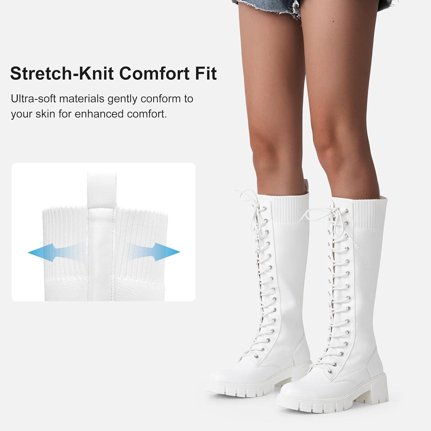 imageVepose Womens 953 Lace Platform Combat Knee High Boots with Comfort Chunky HeelWhite