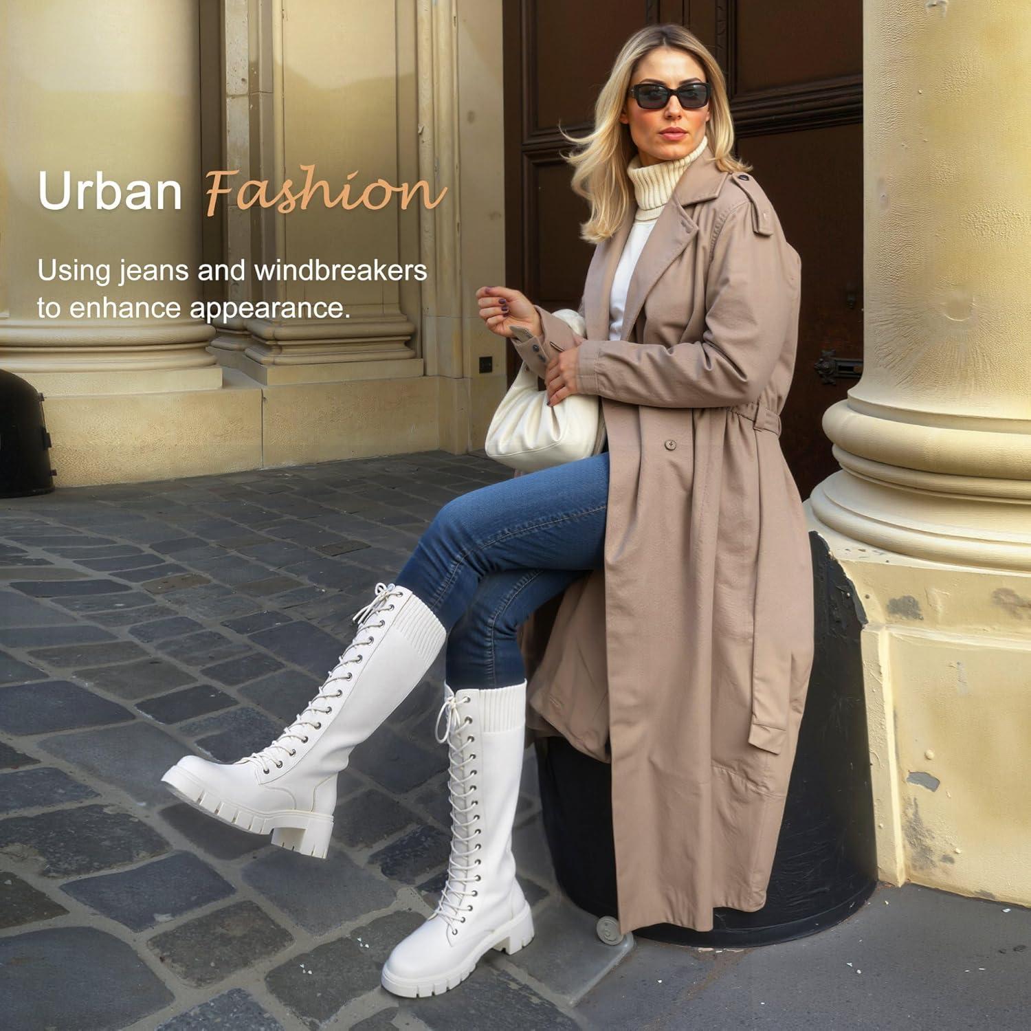 imageVepose Womens 953 Lace Platform Combat Knee High Boots with Comfort Chunky HeelWhite