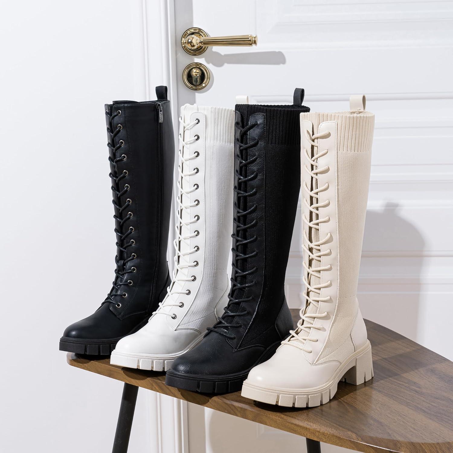 imageVepose Womens 953 Lace Platform Combat Knee High Boots with Comfort Chunky HeelWhite