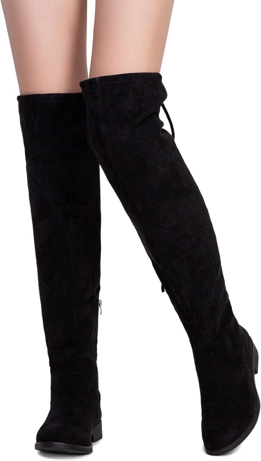 imageVepose Womens 998 Suede Over The Knee High Boots Low Flat Heel Thigh High Boots for WomenBlackknee High998