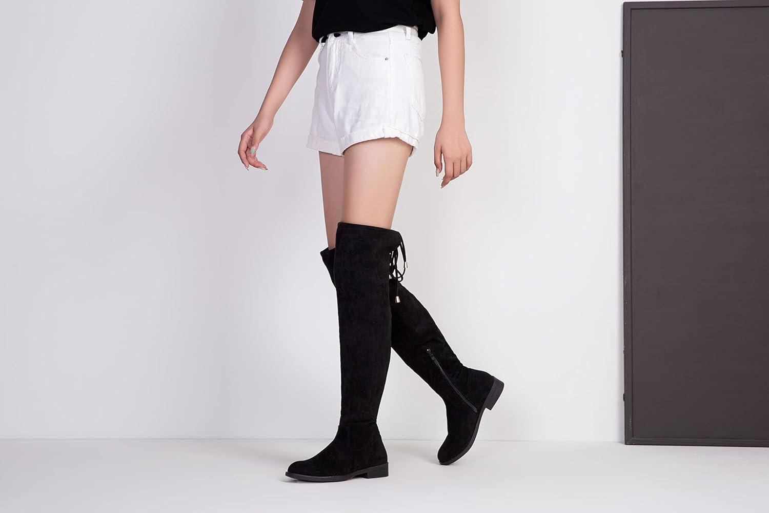 imageVepose Womens 998 Suede Over The Knee High Boots Low Flat Heel Thigh High Boots for WomenBlackknee High998