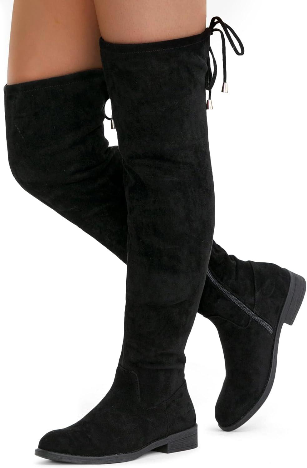 imageVepose Womens 998 Suede Over The Knee High Boots Low Flat Heel Thigh High Boots for WomenBlackknee High998