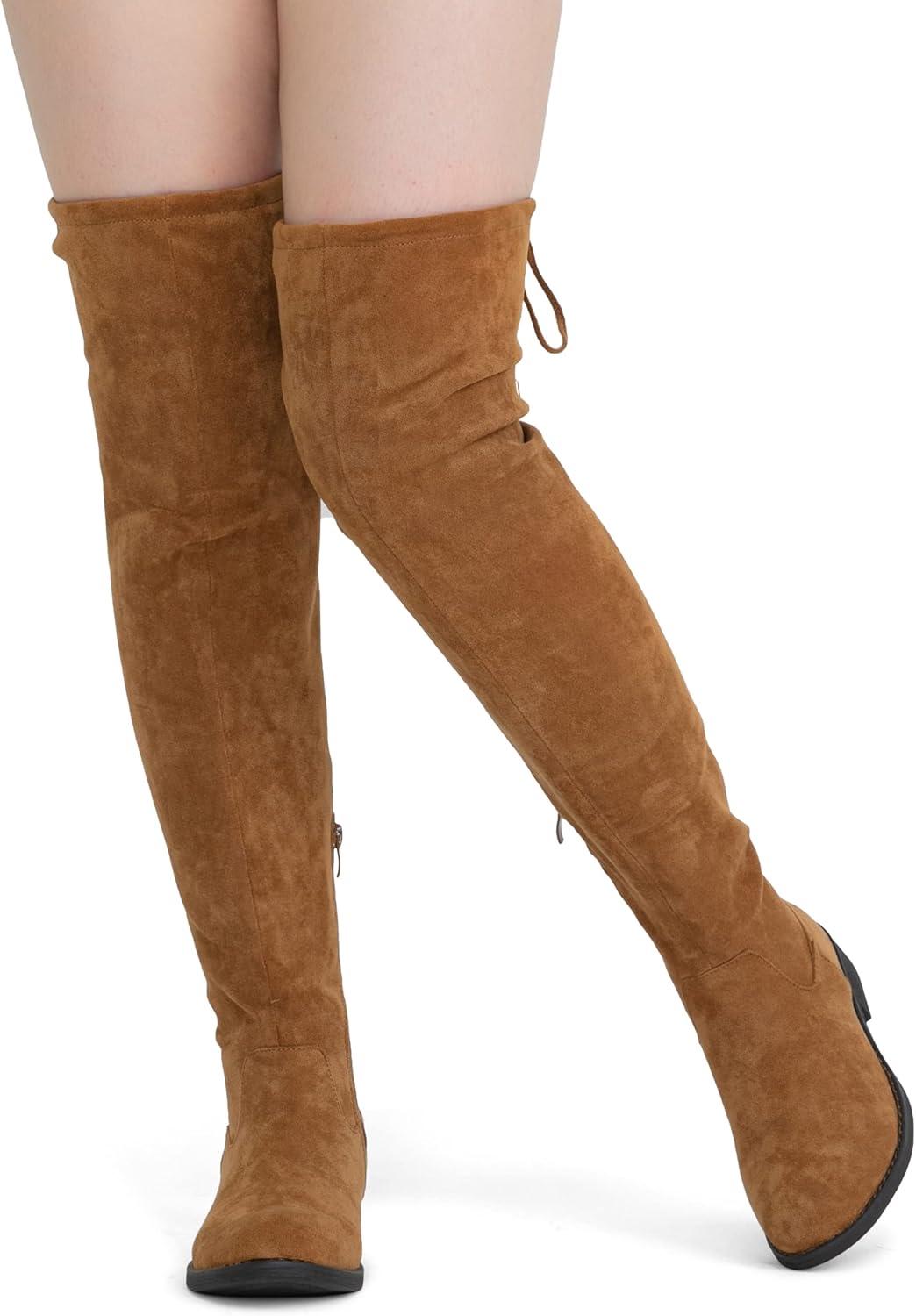 imageVepose Womens 998 Suede Over The Knee High Boots Low Flat Heel Thigh High Boots for WomenCamelknee High998