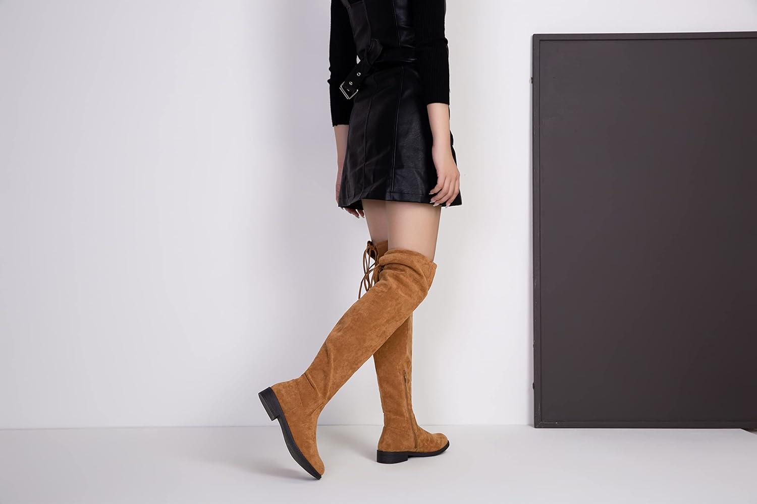 imageVepose Womens 998 Suede Over The Knee High Boots Low Flat Heel Thigh High Boots for WomenCamelknee High998