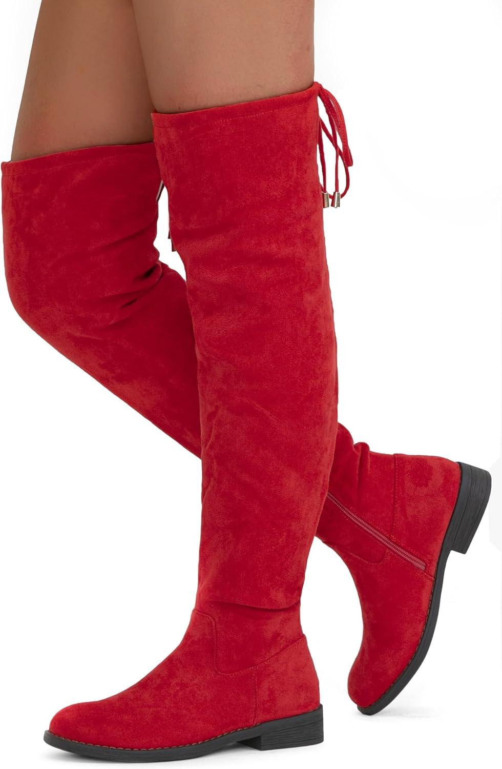 imageVepose Womens 998 Suede Over The Knee High Boots Low Flat Heel Thigh High Boots for WomenRedknee High998