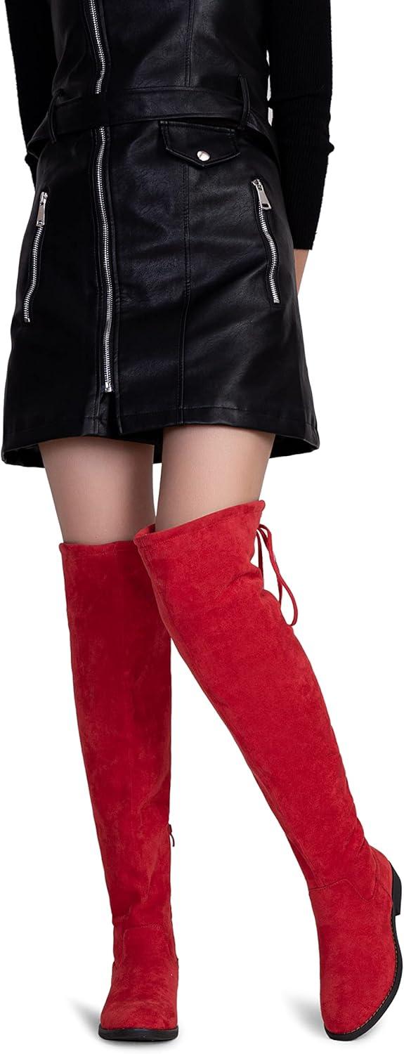 imageVepose Womens 998 Suede Over The Knee High Boots Low Flat Heel Thigh High Boots for WomenRedknee High998