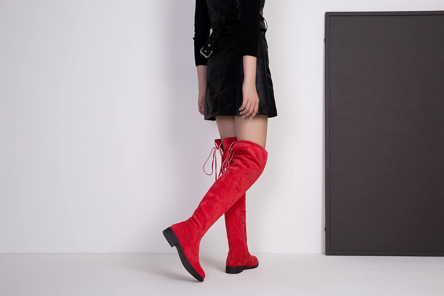 imageVepose Womens 998 Suede Over The Knee High Boots Low Flat Heel Thigh High Boots for WomenRedknee High998