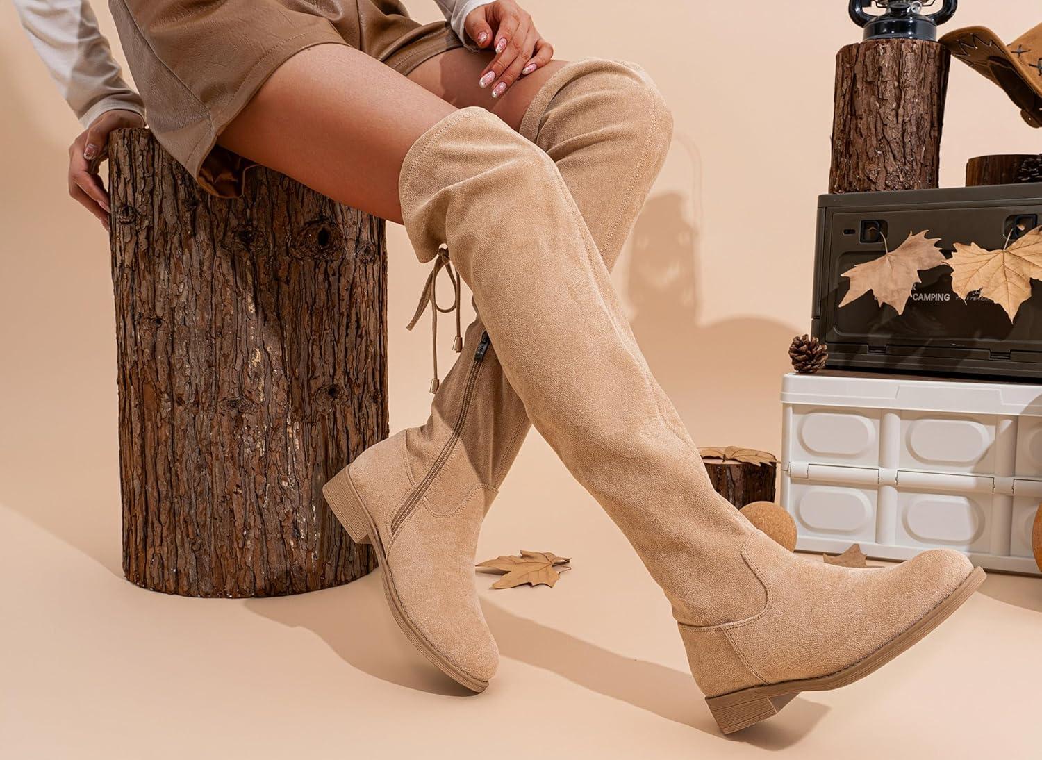 imageVepose Womens 998 Suede Over The Knee High Boots Low Flat Heel Thigh High Boots for WomenSandknee High998