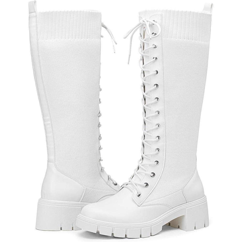 imageVepose Womens 953 Lace Platform Combat Knee High Boots with Comfort Chunky HeelWhite