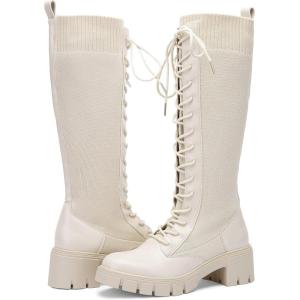 imageVepose Womens 953 Lace Platform Combat Knee High Boots with Comfort Chunky HeelBeige