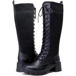 imageVepose Womens 953 Lace Platform Combat Knee High Boots with Comfort Chunky HeelBlack