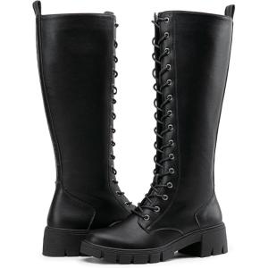 imageVepose Womens 953 Lace Platform Combat Knee High Boots with Comfort Chunky HeelBlack Pu