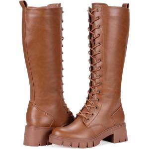 imageVepose Womens 953 Lace Platform Combat Knee High Boots with Comfort Chunky HeelBrown Pu