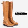 imageVepose Womens Riding Knee High Boots Calf Tall Stretch Retro Low Heel 952 Boots with ZipperCamel Brownriding 952