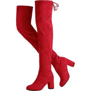 imageVepose Womens Aria Thigh High Over The Knee Boots Cute Suede Long Boots with High Heel and Inner ZipperRed