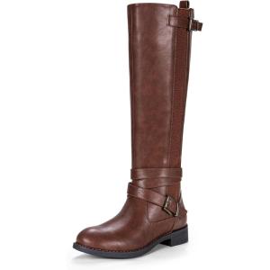 imageVepose Womens Riding Knee High Boots Calf Tall Stretch Retro Low Heel 952 Boots with ZipperDark Brownriding 952