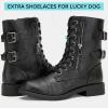 imageVepose Womens Combat Boots Low Heel Mid Calf Military Boots with Card Knife Wallet PocketAtwo Strapsblack Pu