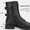 imageVepose Womens Combat Boots Low Heel Mid Calf Military Boots with Card Knife Wallet PocketAtwo Strapsblack Pu