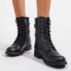 imageVepose Womens Combat Boots Low Heel Mid Calf Military Boots with Card Knife Wallet PocketAtwo Strapsblack Pu