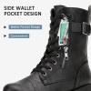 imageVepose Womens Combat Boots Low Heel Mid Calf Military Boots with Card Knife Wallet PocketBuckle Combatblack Pu