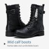 imageVepose Womens Combat Boots Low Heel Mid Calf Military Boots with Card Knife Wallet PocketBuckle Combatblack Pu